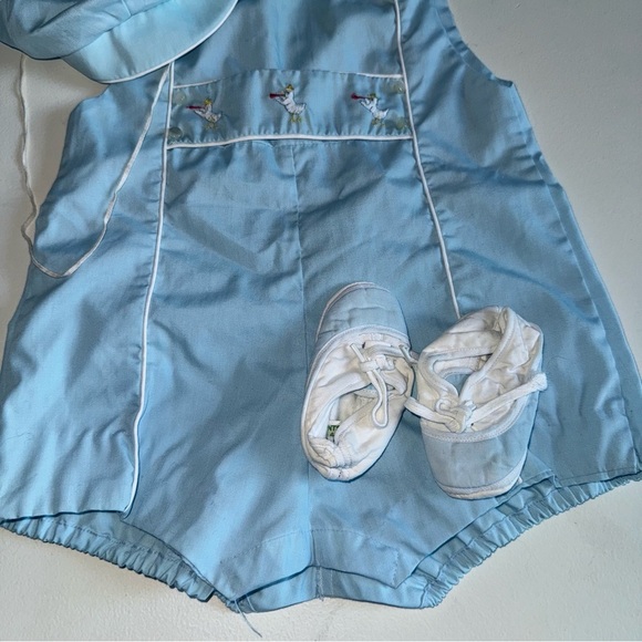 Vtg Baby Outfit romper Light Blue Doll white with hat and booties -Japan - Picture 4 of 10